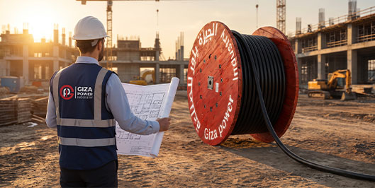 GPI Projects engineer reviewing plans beside electrical cable drums at a construction site